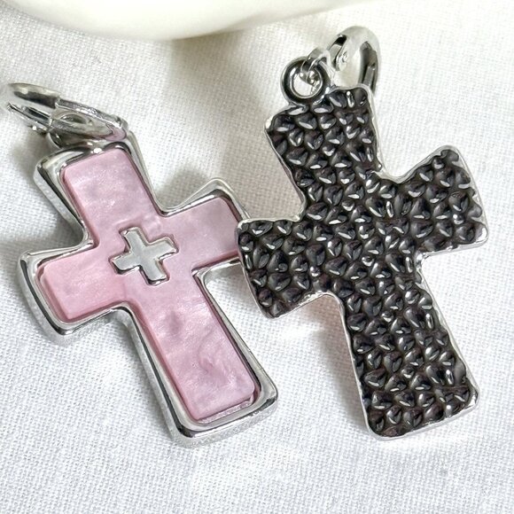 Pink Mother of Pearl Cross Dangle Earrings Silver Tone Leverback - Picture 3 of 7